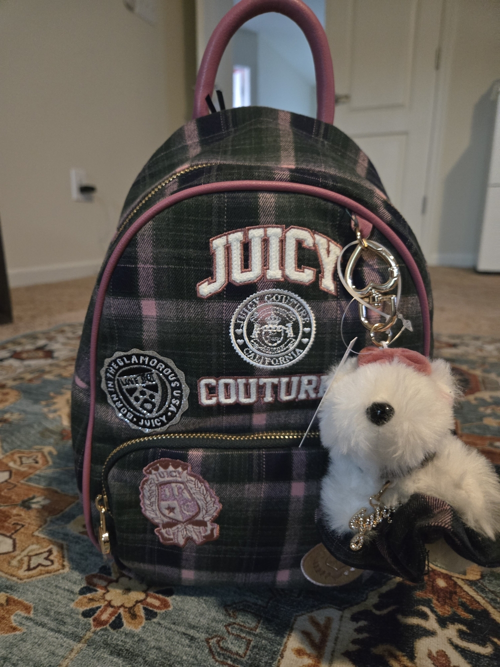 Juicy Couture Pink and Green Plaid Kids Mini Backpack with Plush Bear Charm